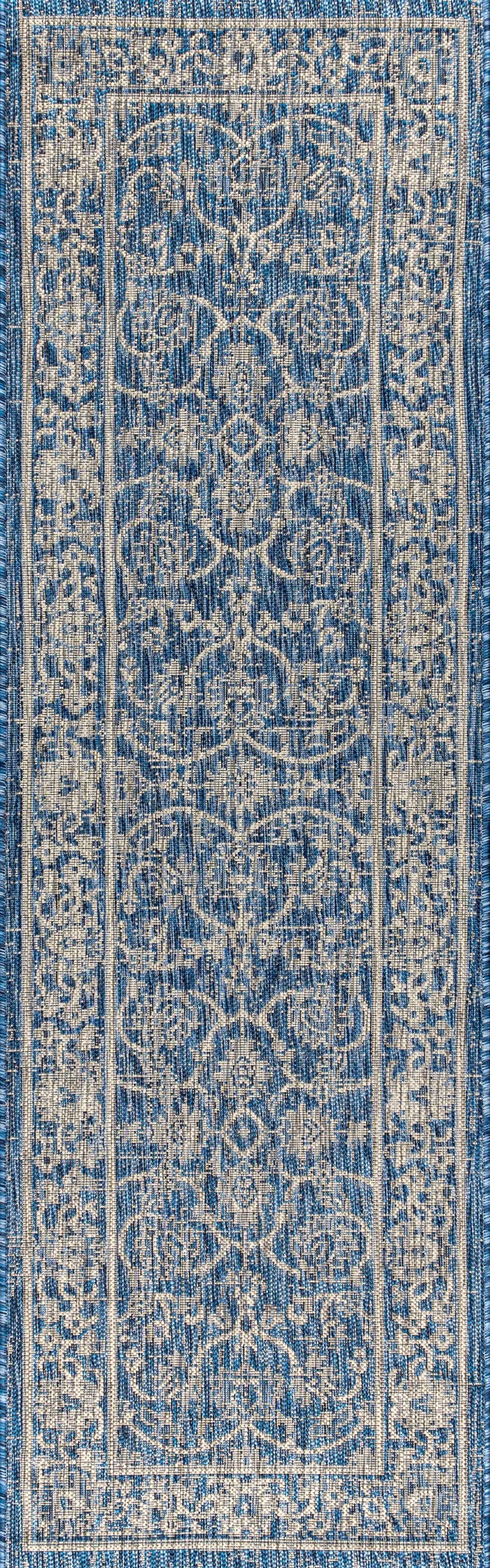 8' Navy Blue And Gray Medallion Indoor Outdoor Runner Rug Homeroots Outdoor