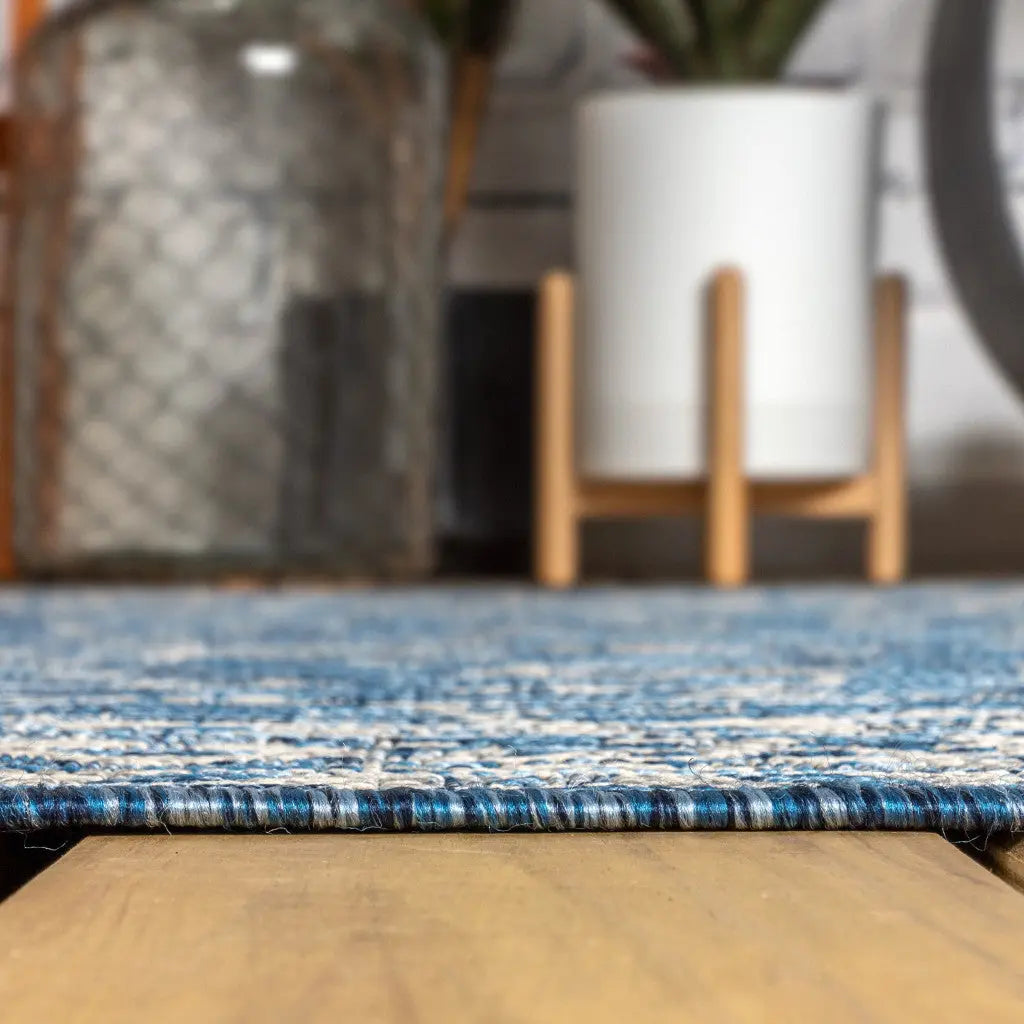 8' Navy Blue And Gray Medallion Indoor Outdoor Runner Rug Homeroots Outdoor