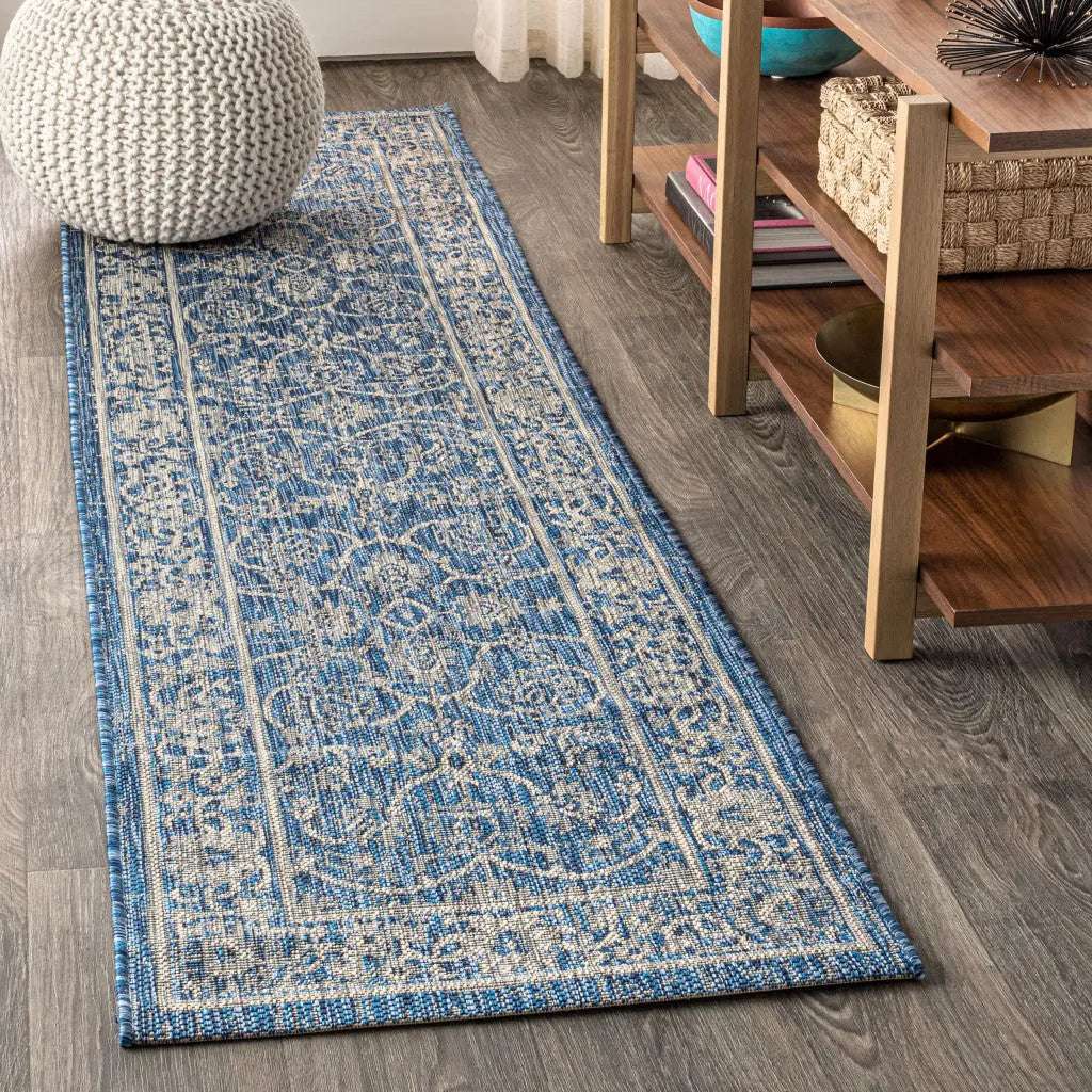 8' Navy Blue And Gray Medallion Indoor Outdoor Runner Rug Homeroots Outdoor