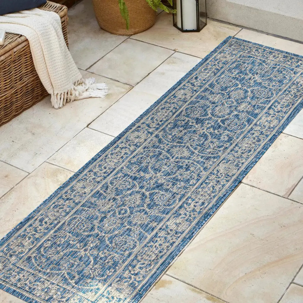 8' Navy Blue And Gray Medallion Indoor Outdoor Runner Rug Homeroots Outdoor