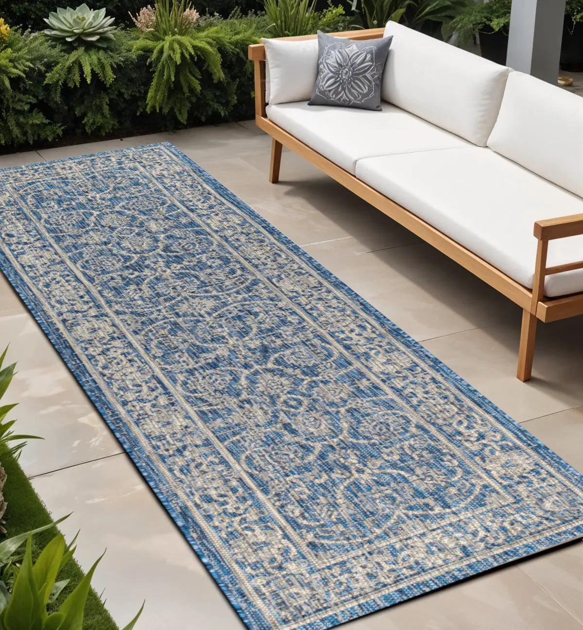 8' Navy Blue And Gray Medallion Indoor Outdoor Runner Rug Homeroots Outdoor