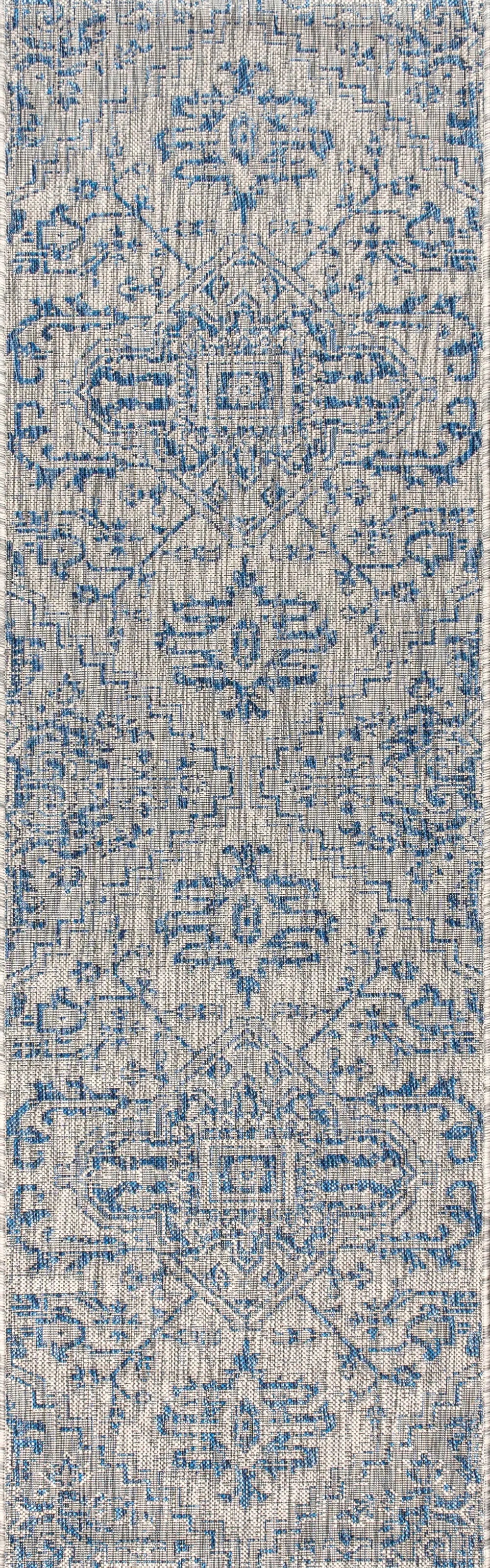 8' Navy Blue And Gray Medallion Indoor Outdoor Runner Rug Homeroots Outdoor