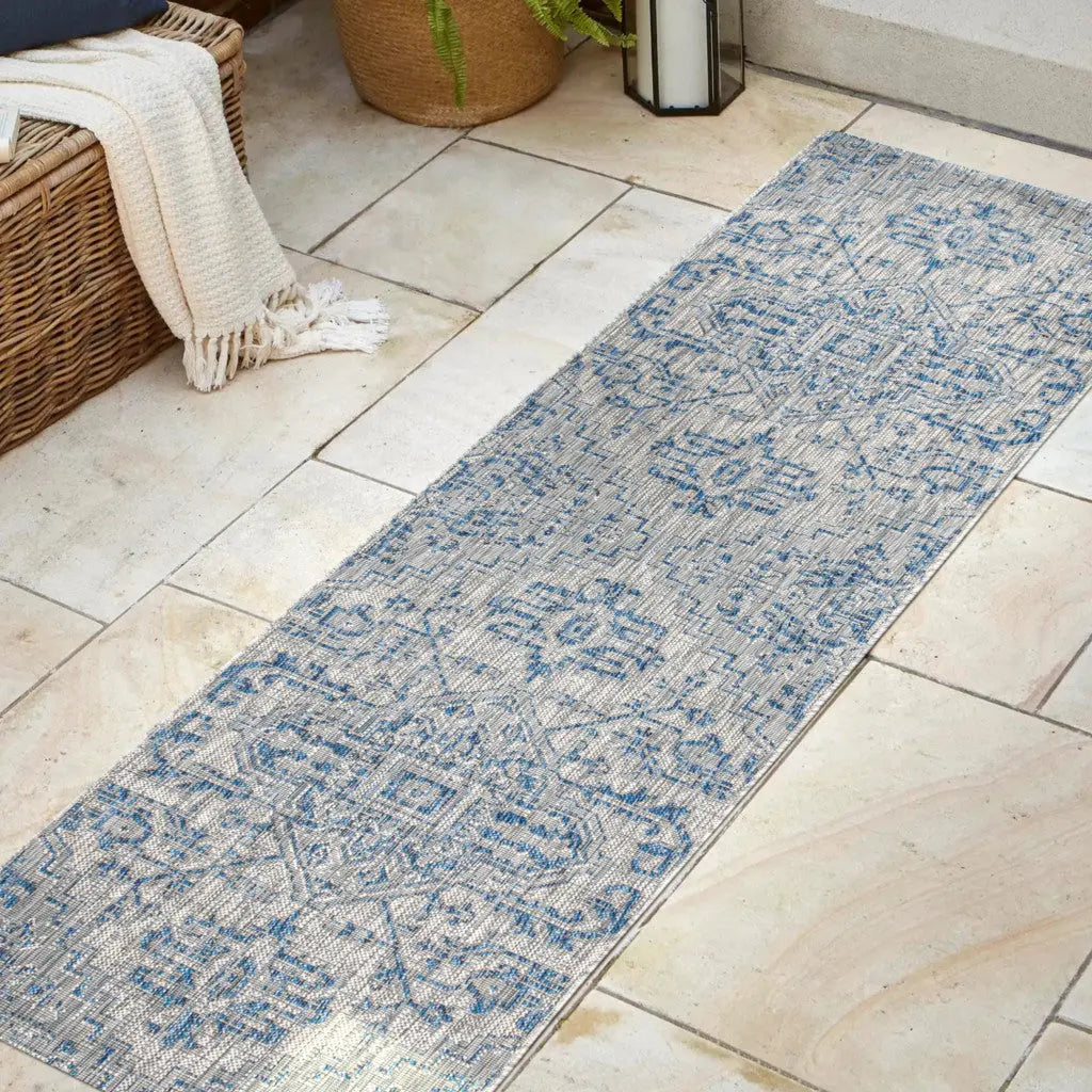 8' Navy Blue And Gray Medallion Indoor Outdoor Runner Rug Homeroots Outdoor
