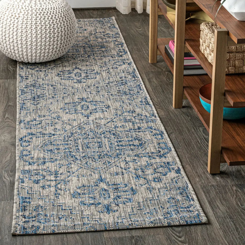 8' Navy Blue And Gray Medallion Indoor Outdoor Runner Rug Homeroots Outdoor