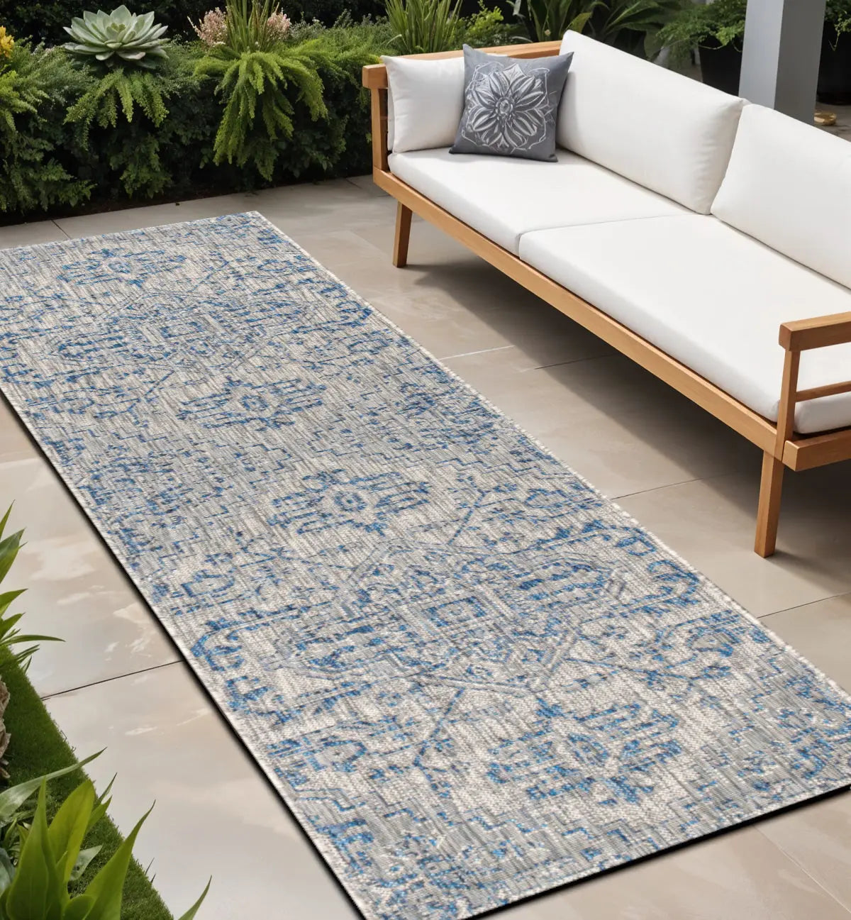 8' Navy Blue And Gray Medallion Indoor Outdoor Runner Rug Homeroots Outdoor