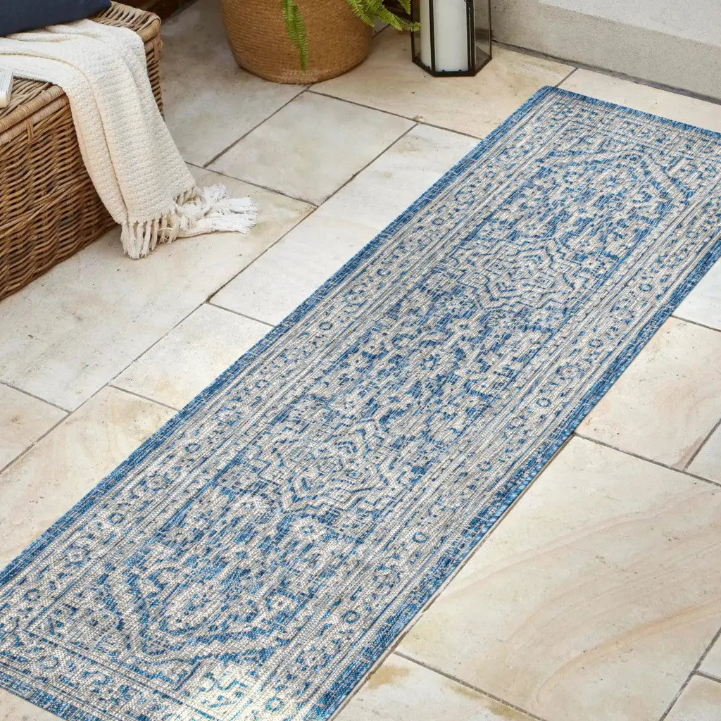 8' Navy Blue And Gray Medallion Indoor Outdoor Runner Rug Homeroots Outdoor