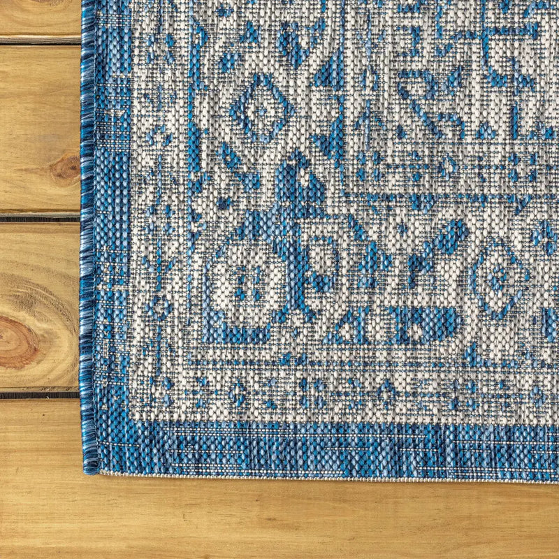 8' Navy Blue And Gray Medallion Indoor Outdoor Runner Rug Homeroots Outdoor