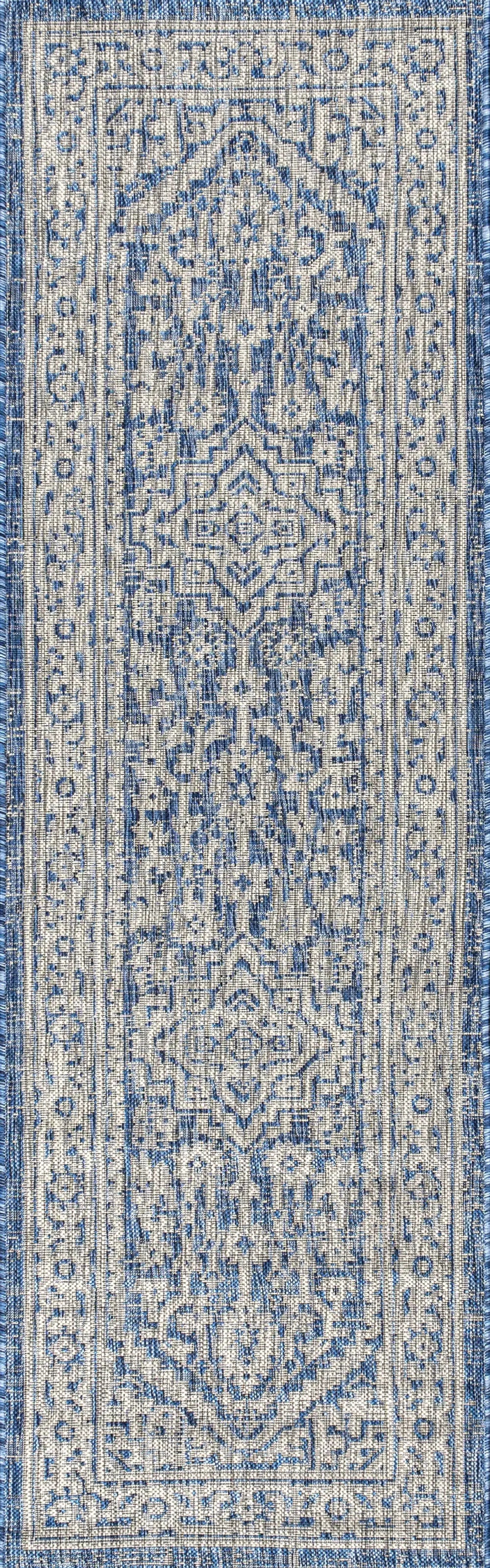 8' Navy Blue And Gray Medallion Indoor Outdoor Runner Rug Homeroots Outdoor