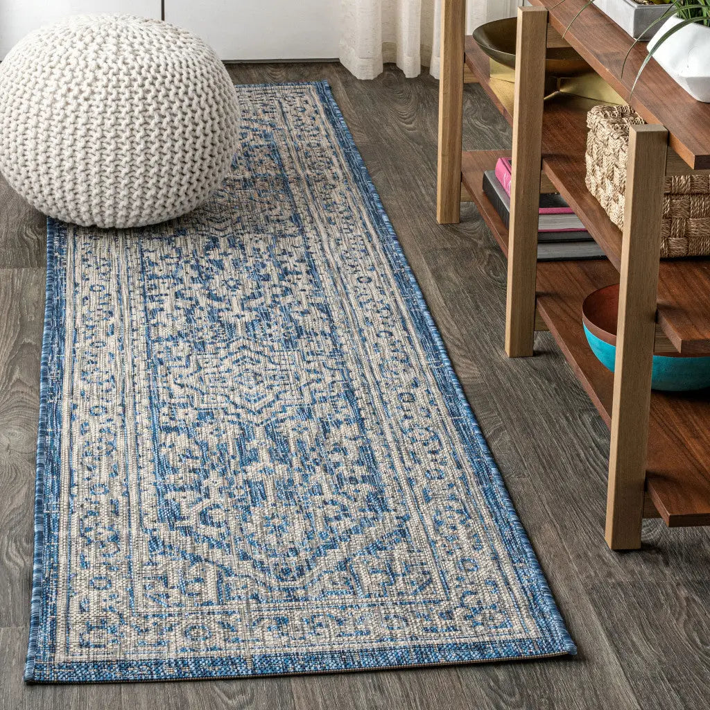 8' Navy Blue And Gray Medallion Indoor Outdoor Runner Rug Homeroots Outdoor