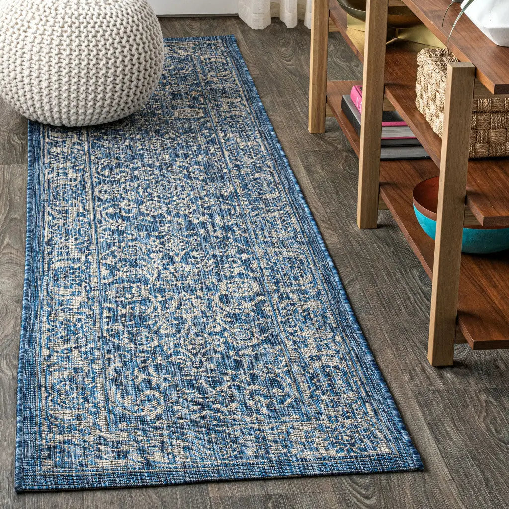 8' Navy Blue And Gray Medallion Indoor Outdoor Runner Rug Homeroots Outdoor