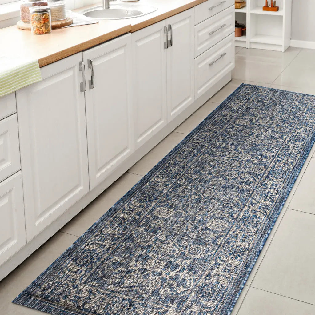 8' Navy Blue And Gray Medallion Indoor Outdoor Runner Rug Homeroots Outdoor