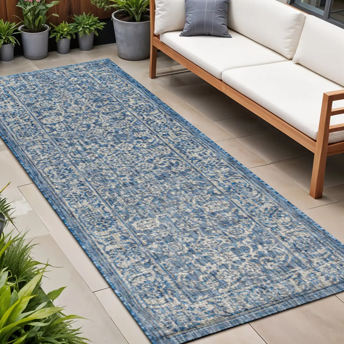 8' Navy Blue And Gray Medallion Indoor Outdoor Runner Rug Homeroots Outdoor