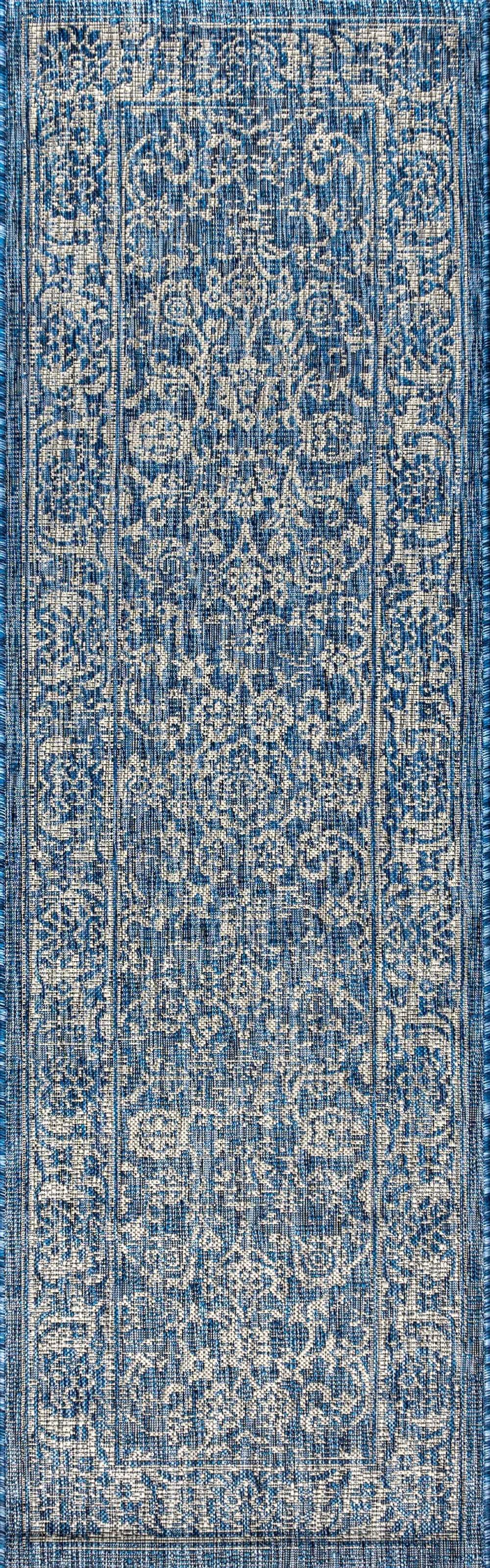 8' Navy Blue And Gray Medallion Indoor Outdoor Runner Rug Homeroots Outdoor