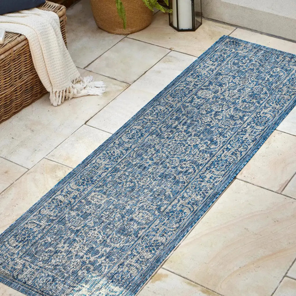 8' Navy Blue And Gray Medallion Indoor Outdoor Runner Rug Homeroots Outdoor