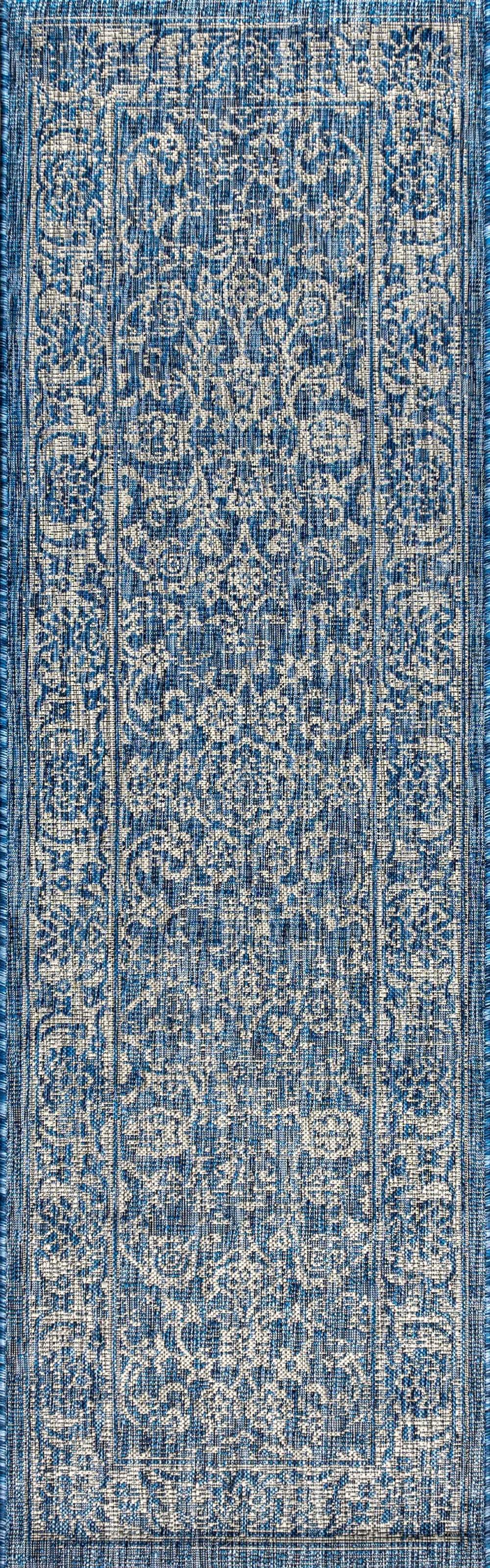 8' Navy Blue And Gray Medallion Indoor Outdoor Runner Rug Homeroots Outdoor
