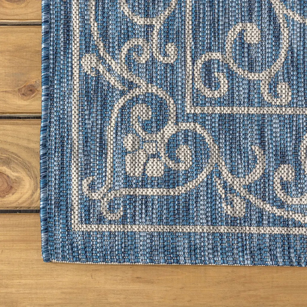 8' Navy Blue And Gray Medallion Indoor Outdoor Runner Rug Homeroots Outdoor