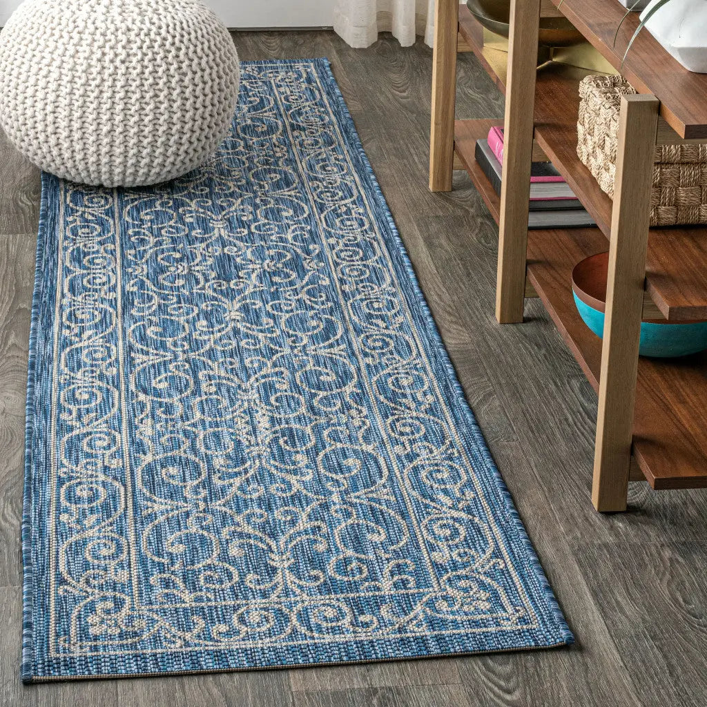 8' Navy Blue And Gray Medallion Indoor Outdoor Runner Rug Homeroots Outdoor