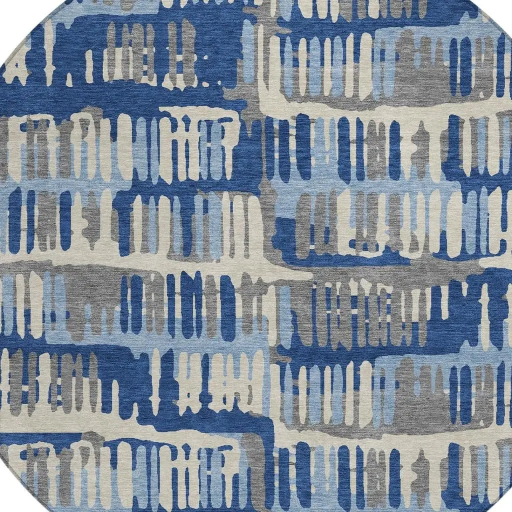8' Navy Blue And Gray Round Abstract Washable Indoor Outdoor Area Rug Homeroots Outdoor