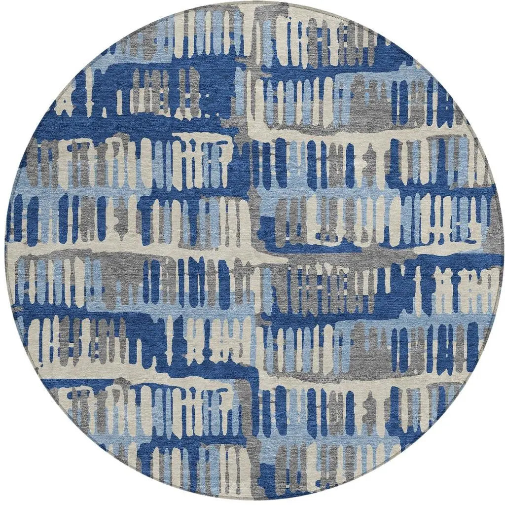 8' Navy Blue And Gray Round Abstract Washable Indoor Outdoor Area Rug Homeroots Outdoor