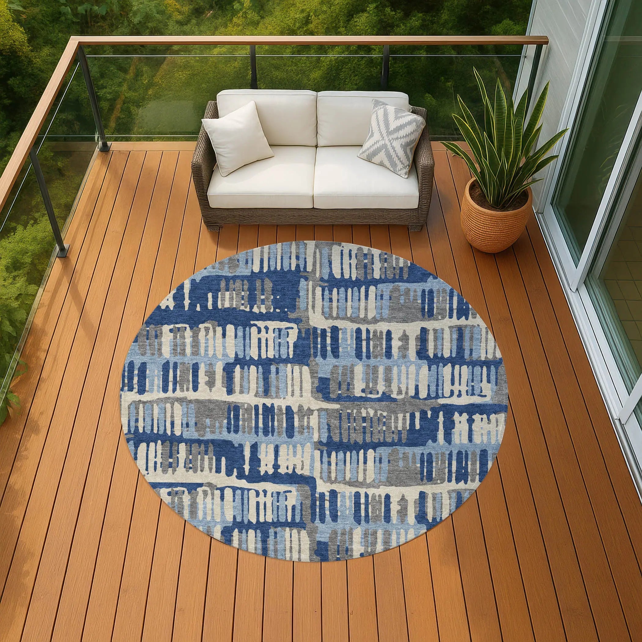 8' Navy Blue And Gray Round Abstract Washable Indoor Outdoor Area Rug Homeroots Outdoor
