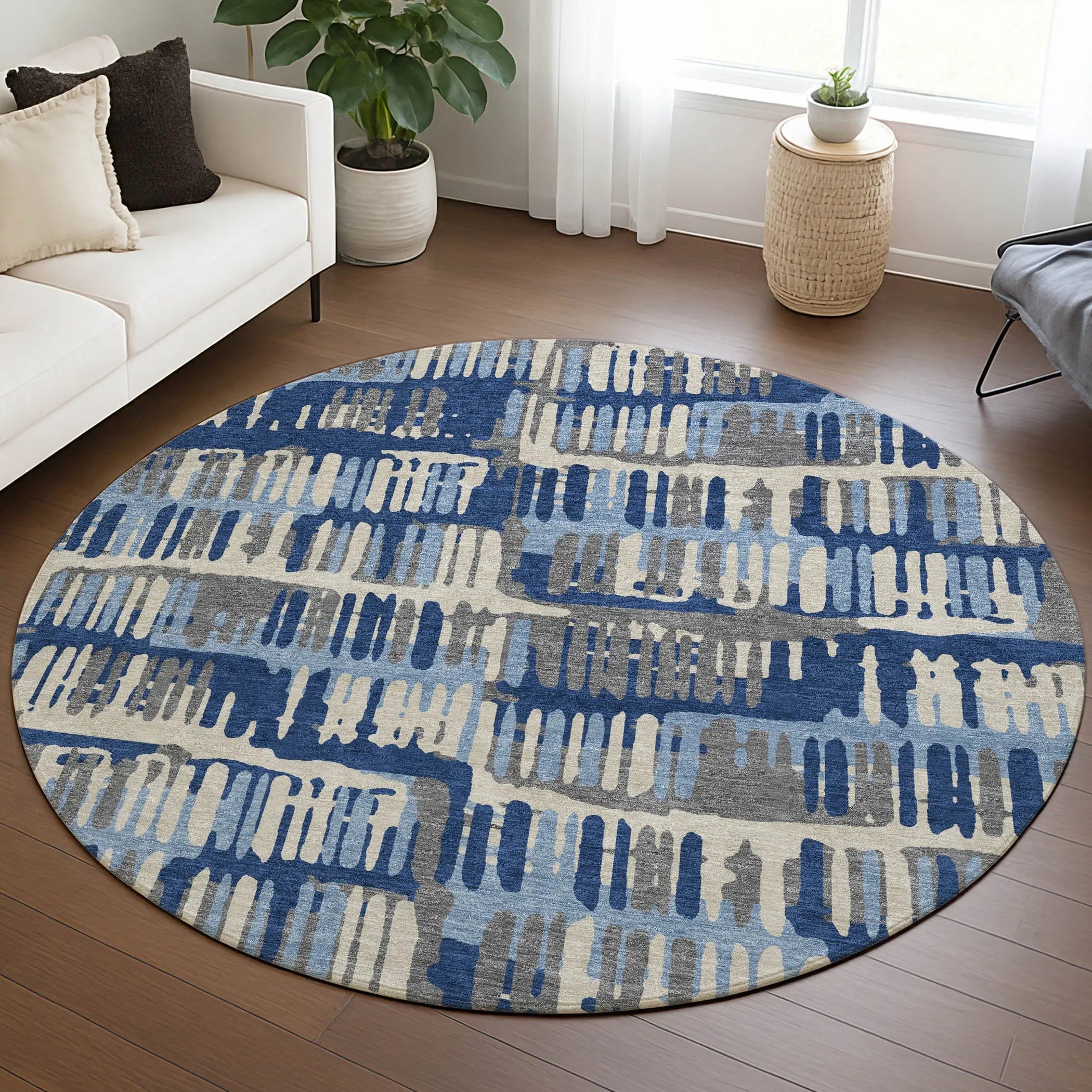 8' Navy Blue And Gray Round Abstract Washable Indoor Outdoor Area Rug Homeroots Outdoor