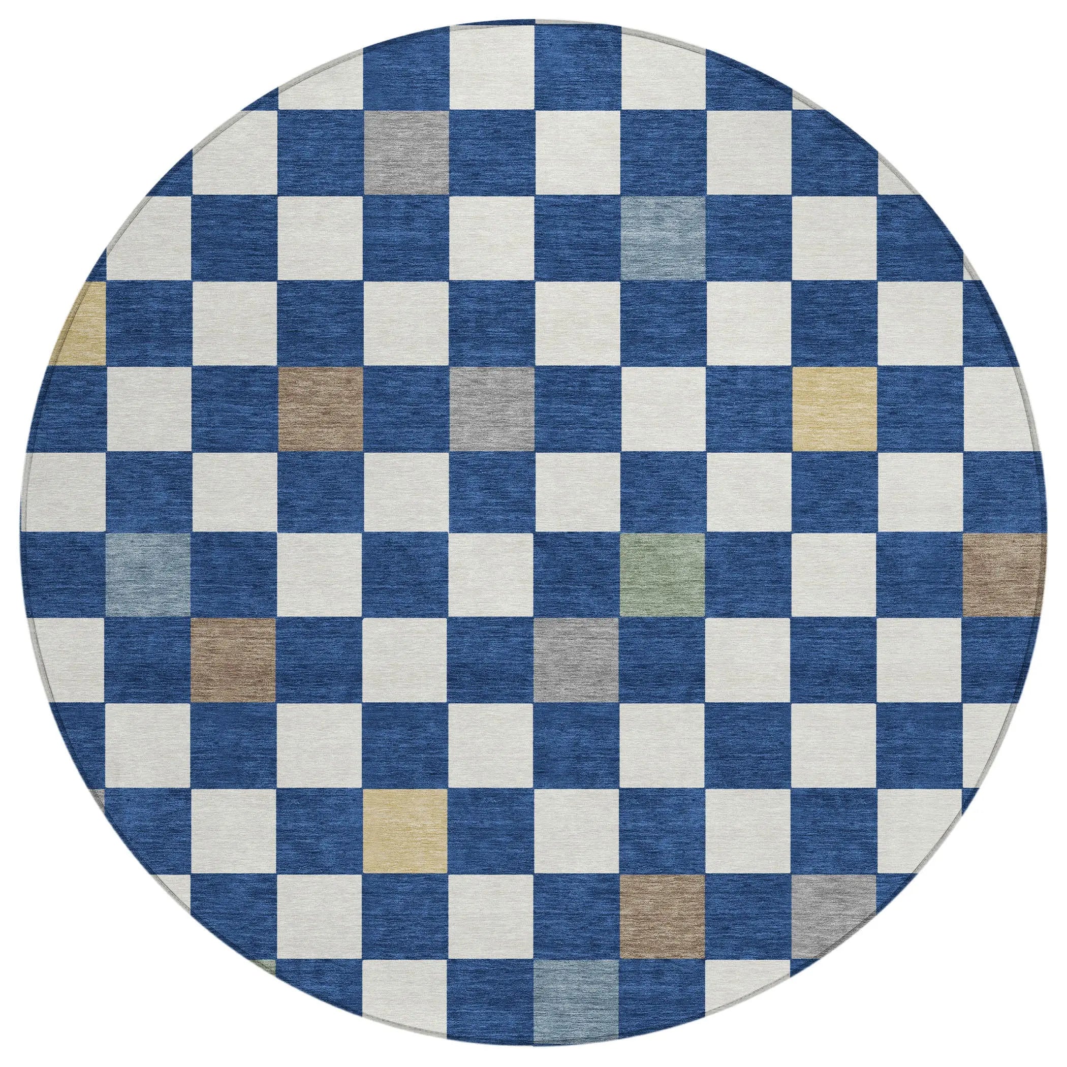 8' Navy Blue And Gray Round Geometric Washable Indoor Outdoor Area Rug Homeroots Outdoor