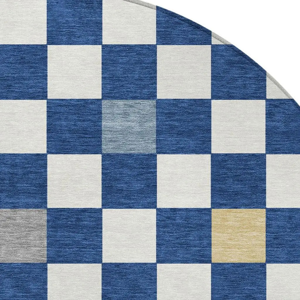 8' Navy Blue And Gray Round Geometric Washable Indoor Outdoor Area Rug Homeroots Outdoor