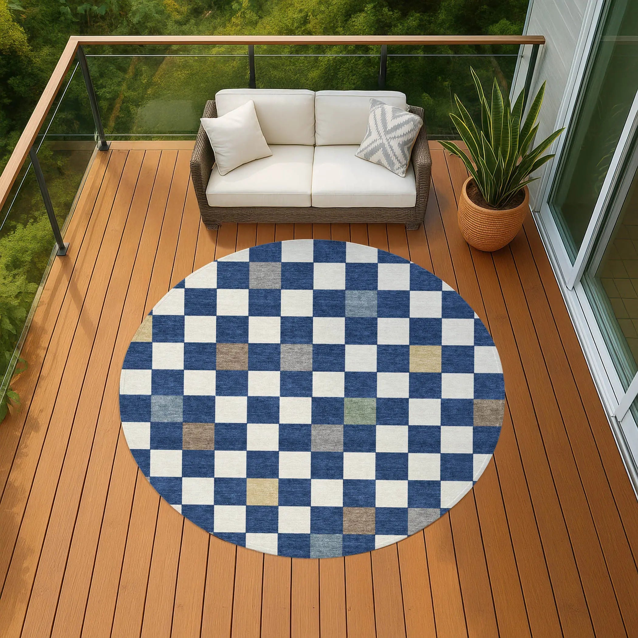 8' Navy Blue And Gray Round Geometric Washable Indoor Outdoor Area Rug Homeroots Outdoor
