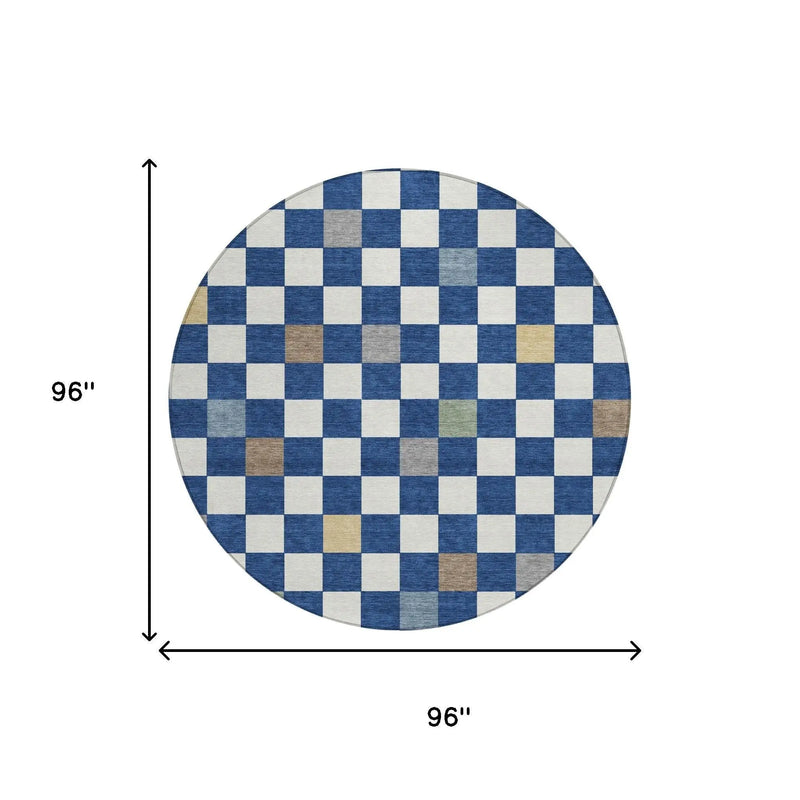 8' Navy Blue And Gray Round Geometric Washable Indoor Outdoor Area Rug Homeroots Outdoor