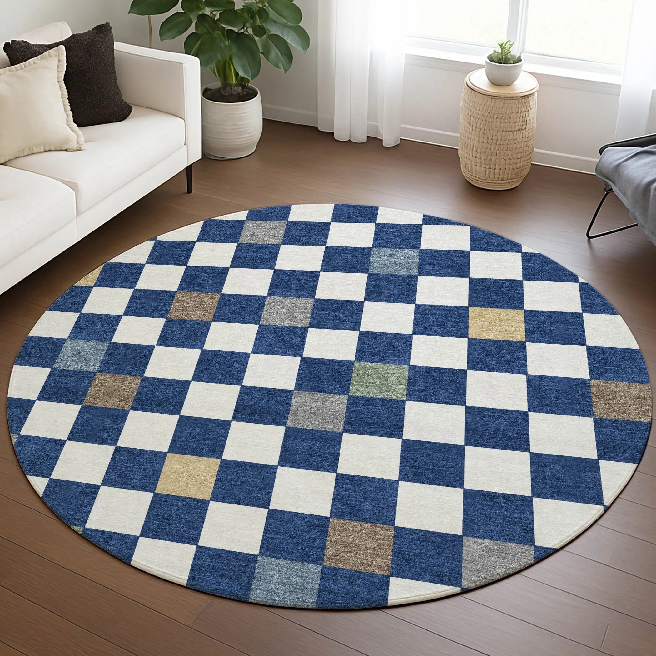 8' Navy Blue And Gray Round Geometric Washable Indoor Outdoor Area Rug Homeroots Outdoor