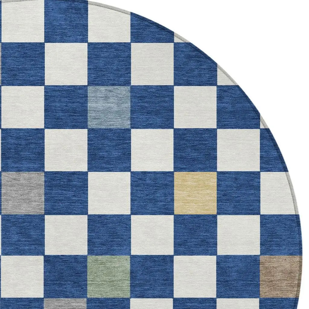 8' Navy Blue And Gray Round Geometric Washable Indoor Outdoor Area Rug Homeroots Outdoor