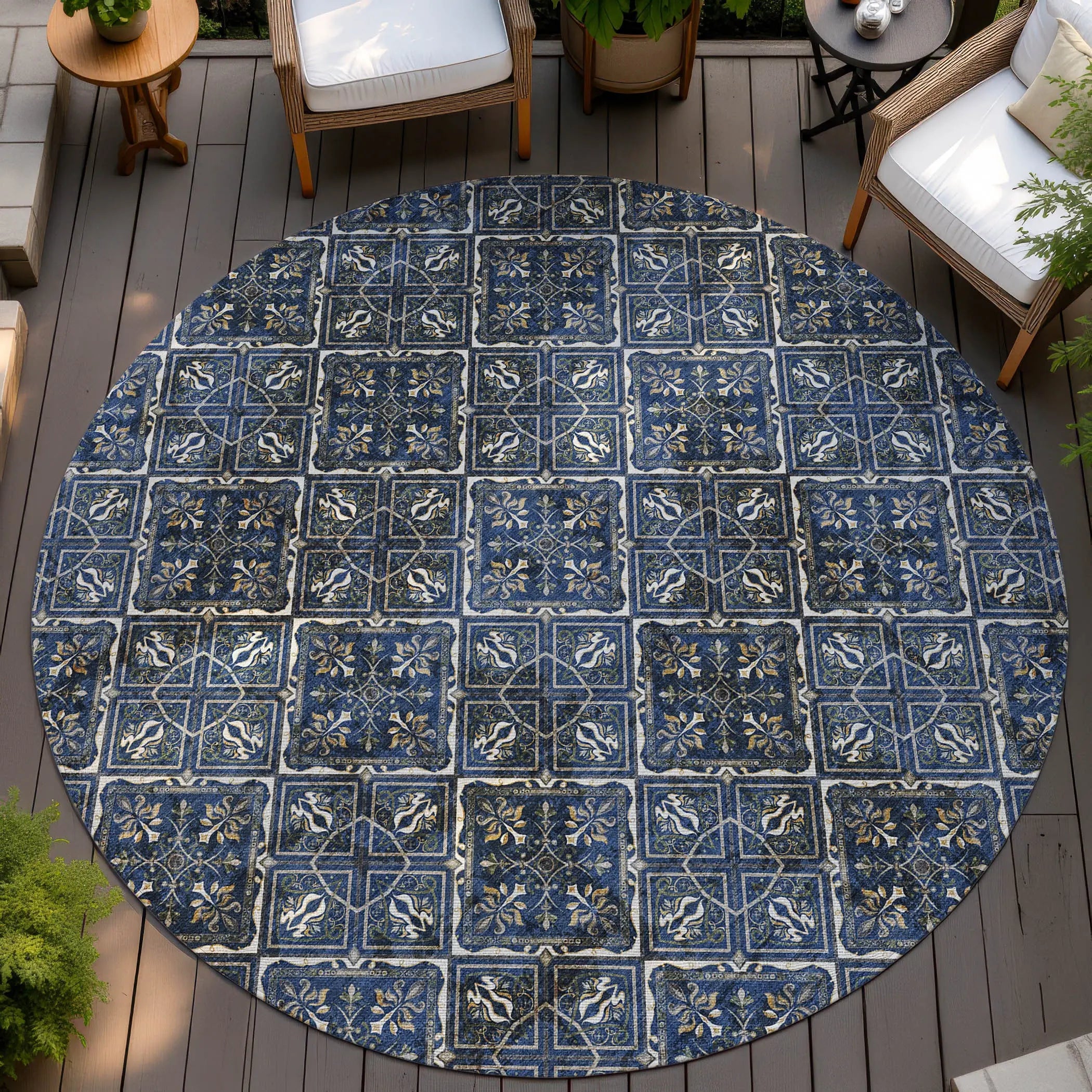 8' Navy Blue And Gray Round Geometric Washable Indoor Outdoor Area Rug Homeroots Outdoor