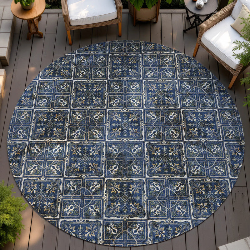 8' Navy Blue And Gray Round Geometric Washable Indoor Outdoor Area Rug Homeroots Outdoor