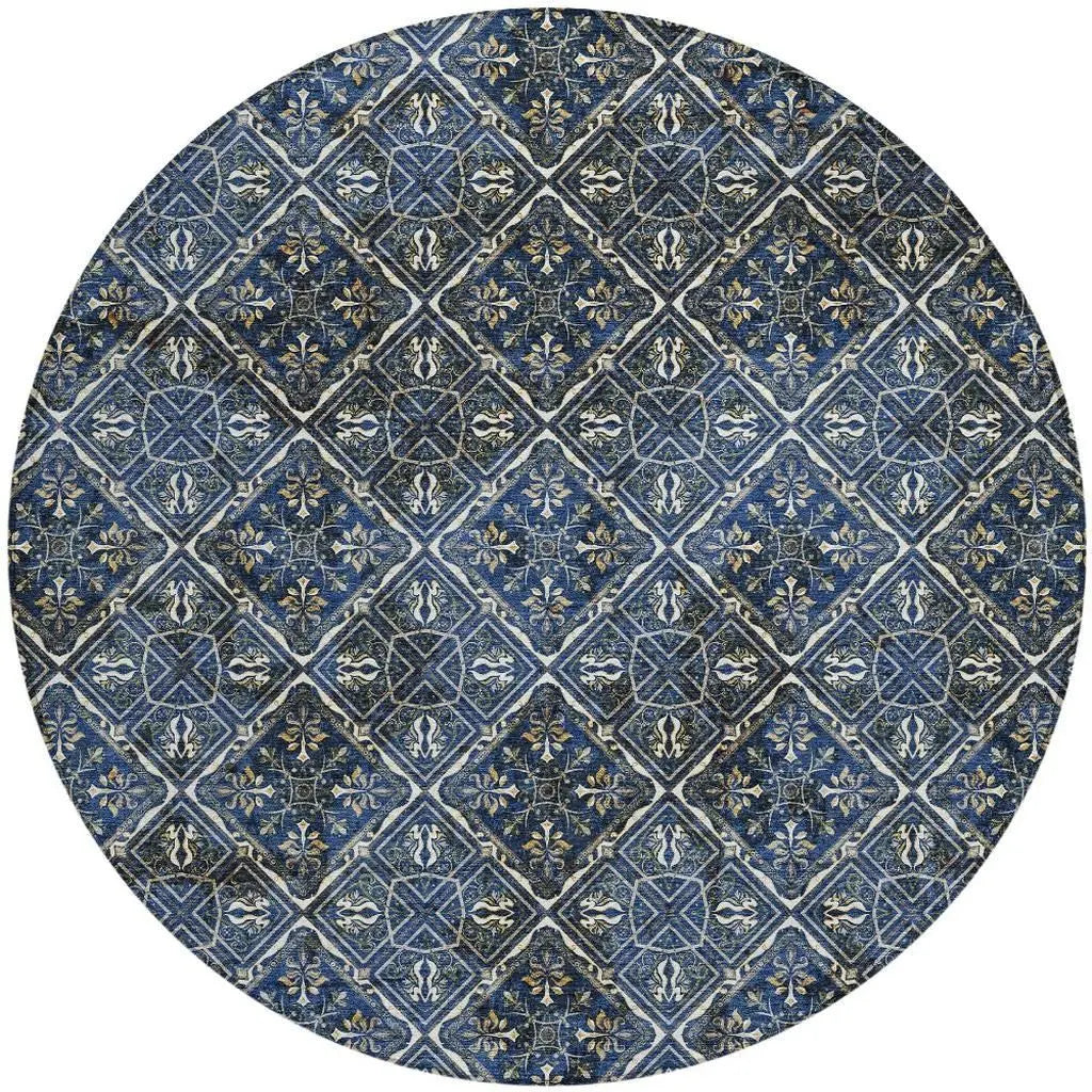 8' Navy Blue And Gray Round Geometric Washable Indoor Outdoor Area Rug Homeroots Outdoor