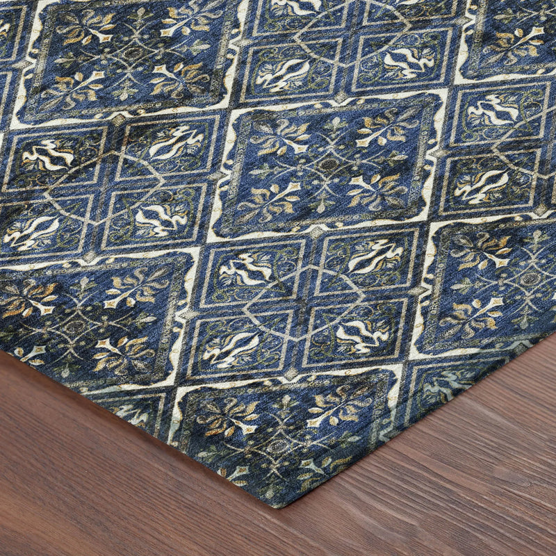 8' Navy Blue And Gray Round Geometric Washable Indoor Outdoor Area Rug Homeroots Outdoor