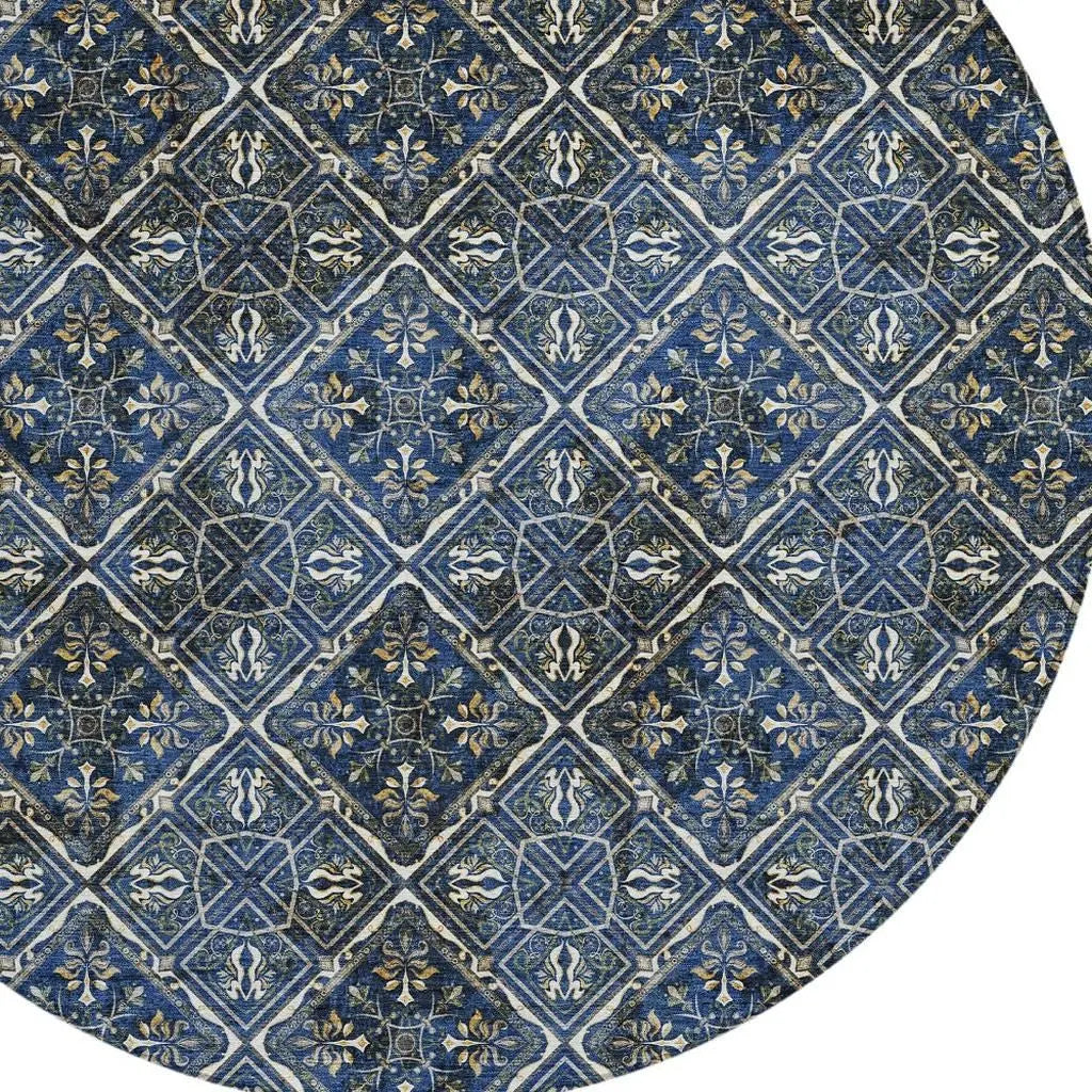8' Navy Blue And Gray Round Geometric Washable Indoor Outdoor Area Rug Homeroots Outdoor