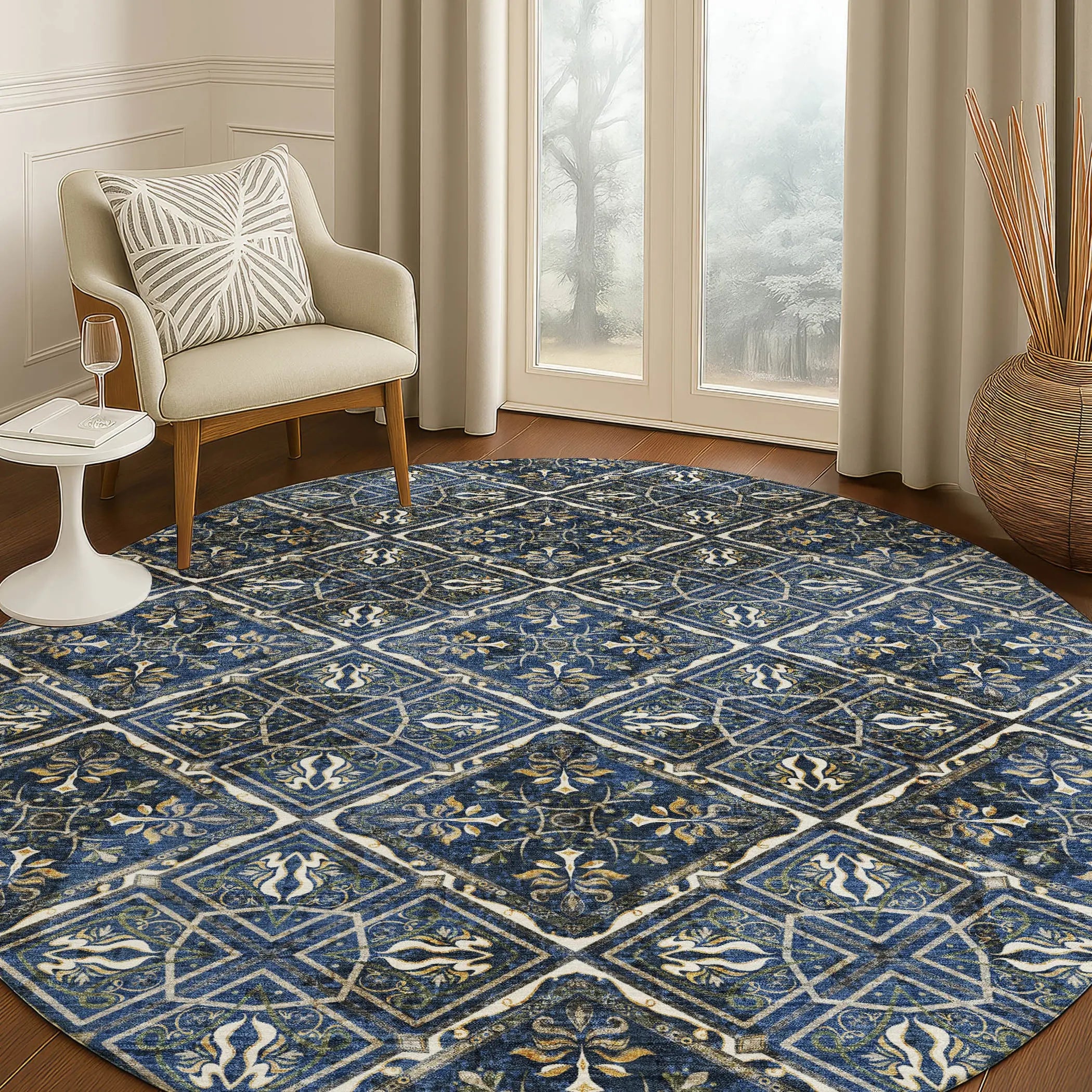 8' Navy Blue And Gray Round Geometric Washable Indoor Outdoor Area Rug Homeroots Outdoor