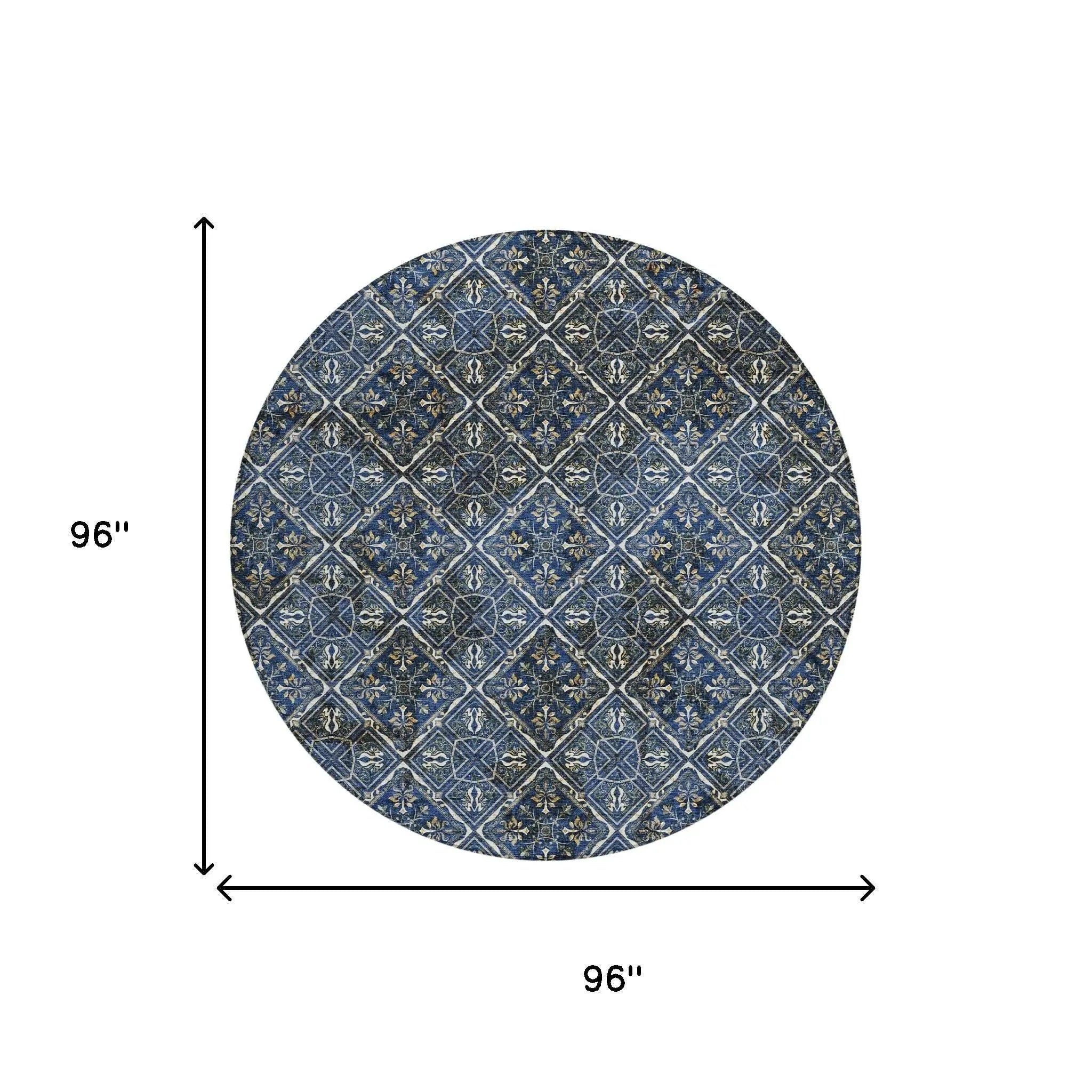 8' Navy Blue And Gray Round Geometric Washable Indoor Outdoor Area Rug Homeroots Outdoor