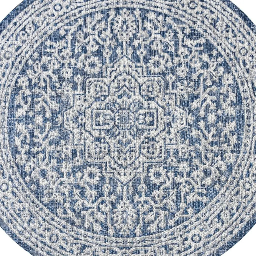 8' Navy Blue And Gray Round Medallion Indoor Outdoor Area Rug Homeroots Outdoor