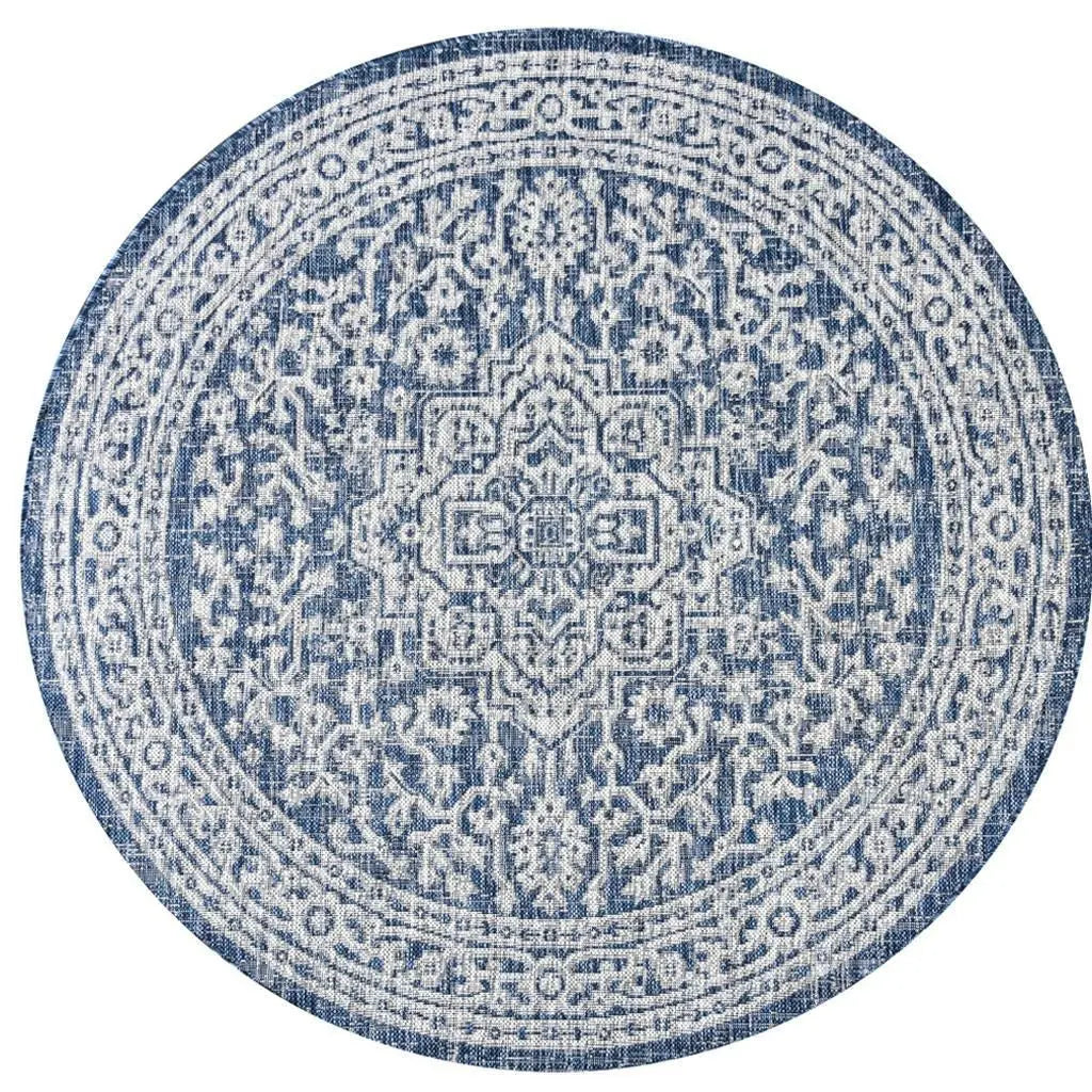 8' Navy Blue And Gray Round Medallion Indoor Outdoor Area Rug Homeroots Outdoor