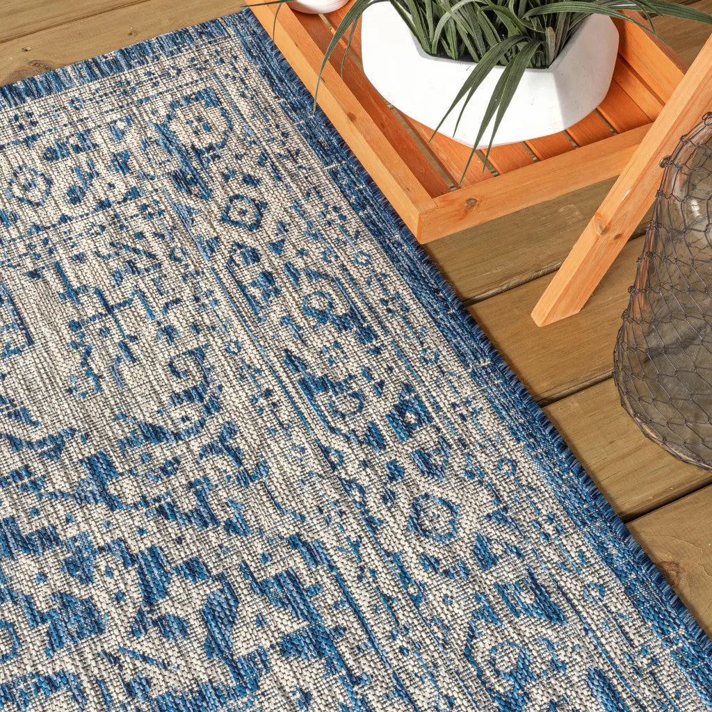 8' Navy Blue And Gray Round Medallion Indoor Outdoor Area Rug Homeroots Outdoor