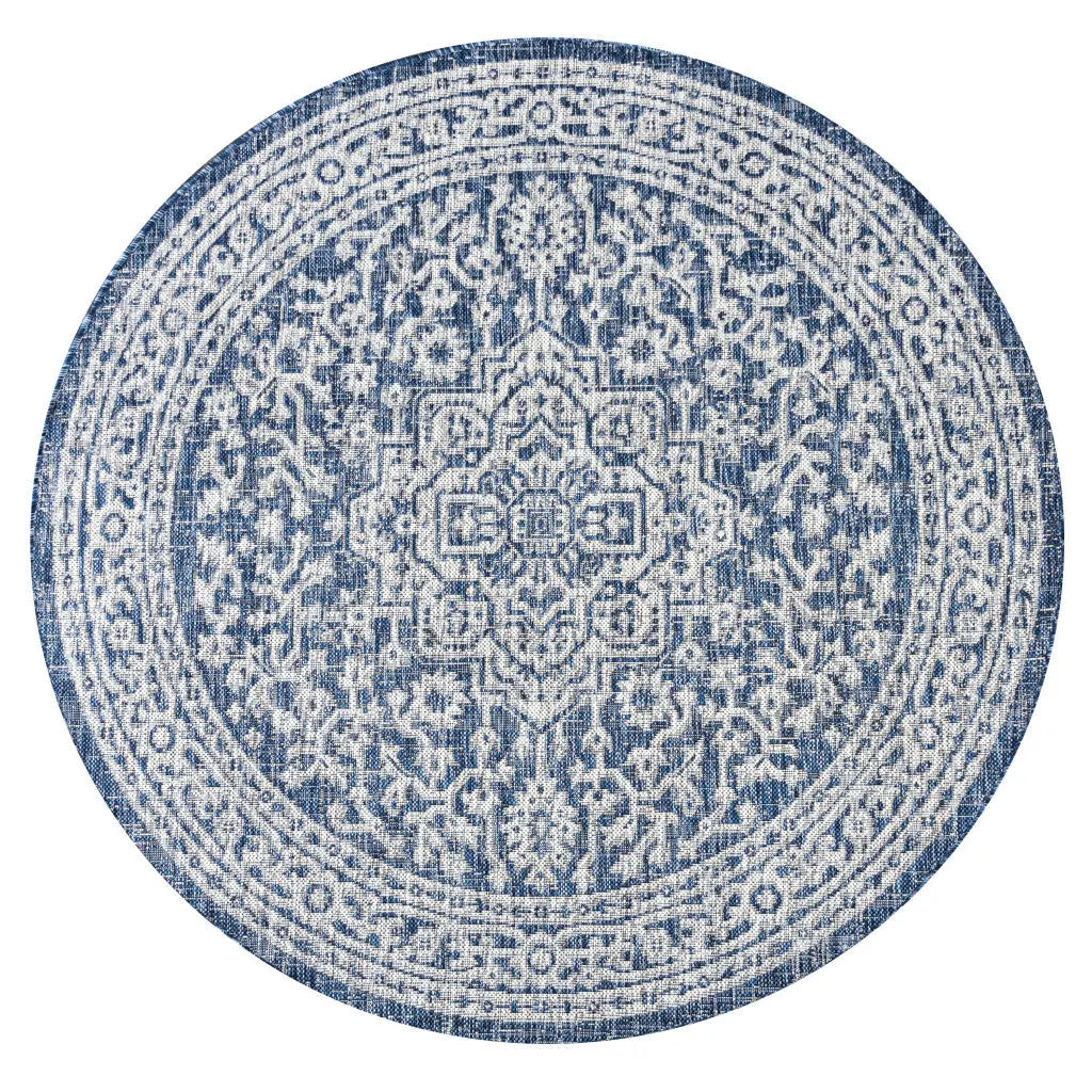 8' Navy Blue And Gray Round Medallion Indoor Outdoor Area Rug Homeroots Outdoor