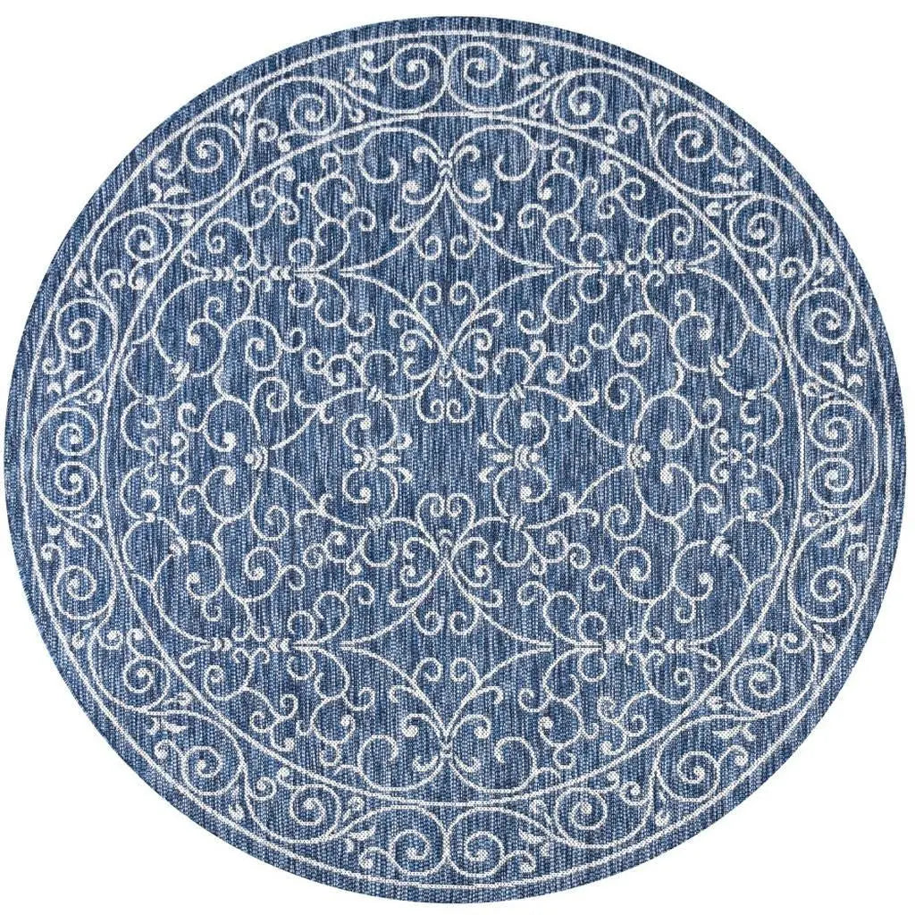 8' Navy Blue And Gray Round Medallion Indoor Outdoor Area Rug Homeroots Outdoor