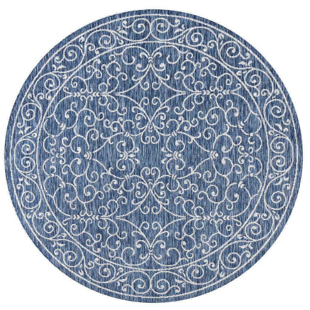 8' Navy Blue And Gray Round Medallion Indoor Outdoor Area Rug Homeroots Outdoor
