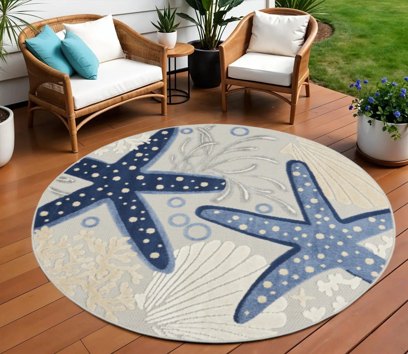 8' Navy Blue And Gray Round Starfish Indoor Outdoor Area Rug Homeroots Outdoor
