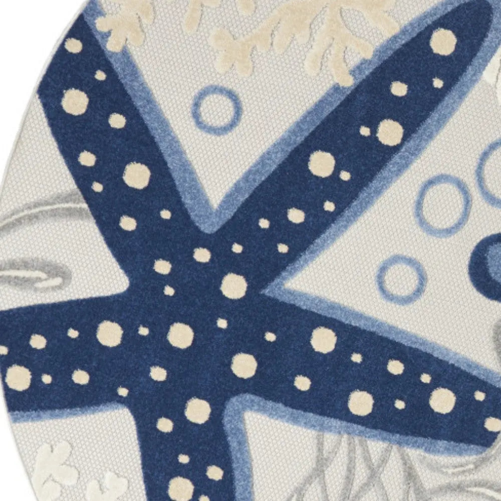 8' Navy Blue And Gray Round Starfish Indoor Outdoor Area Rug Homeroots Outdoor