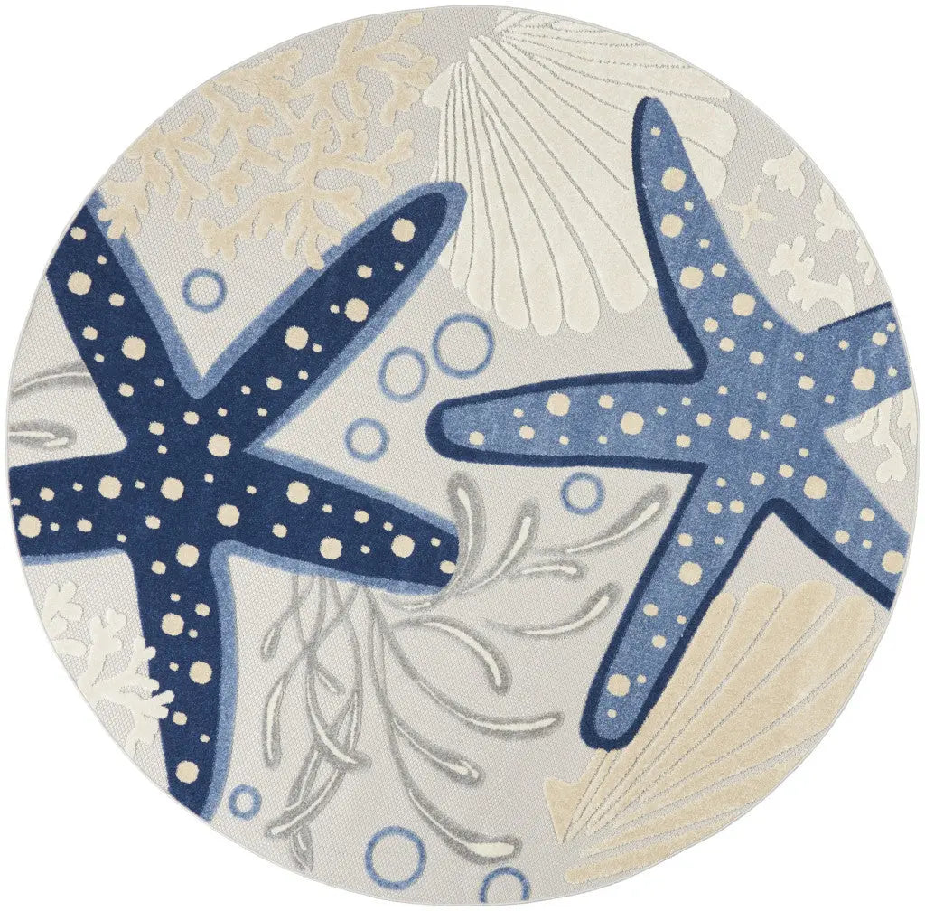 8' Navy Blue And Gray Round Starfish Indoor Outdoor Area Rug Homeroots Outdoor