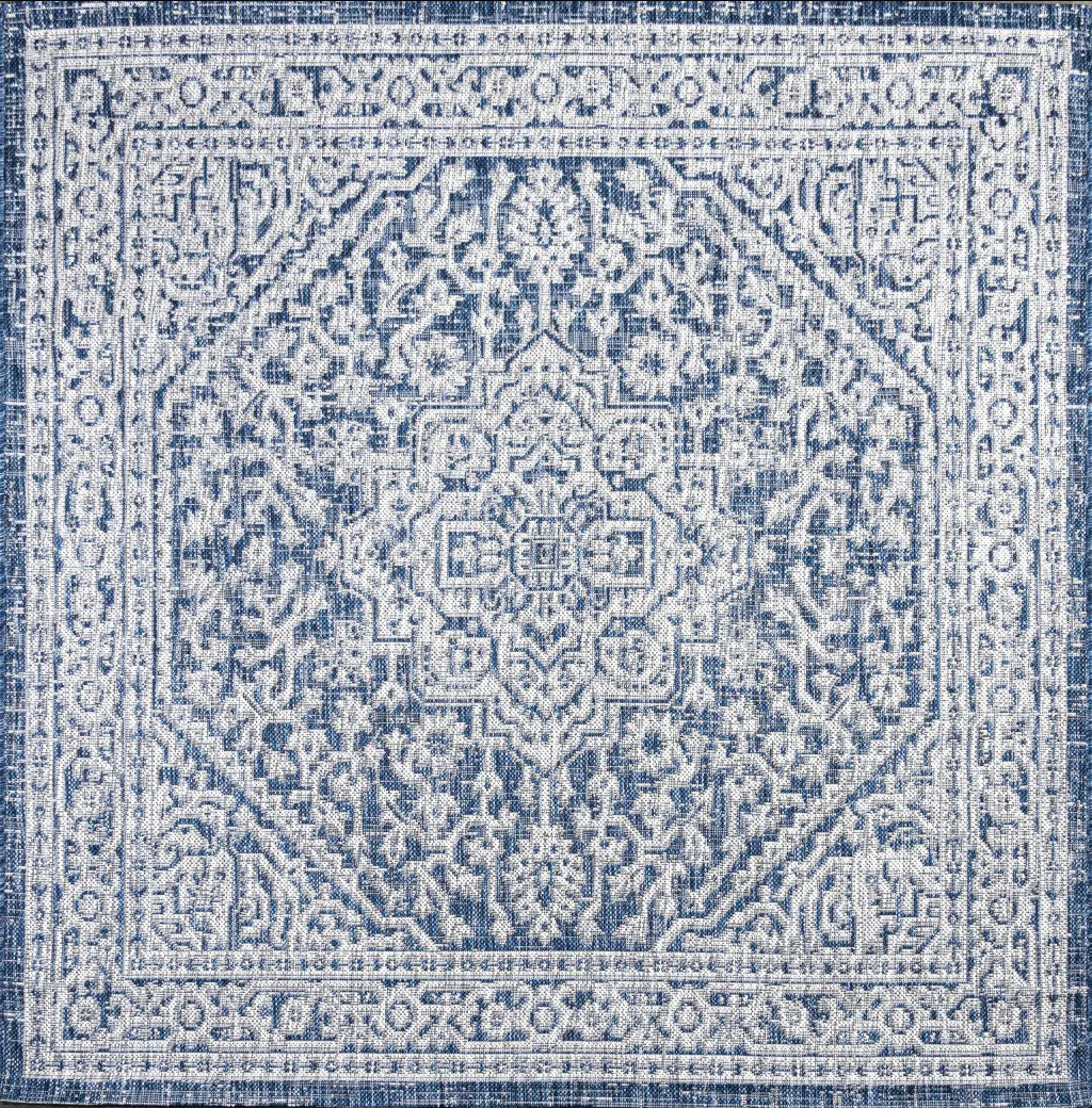 8' Navy Blue And Gray Square Medallion Indoor Outdoor Area Rug Homeroots Outdoor