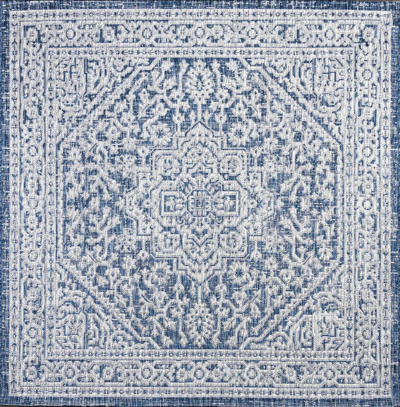 8' Navy Blue And Gray Square Medallion Indoor Outdoor Area Rug Homeroots Outdoor