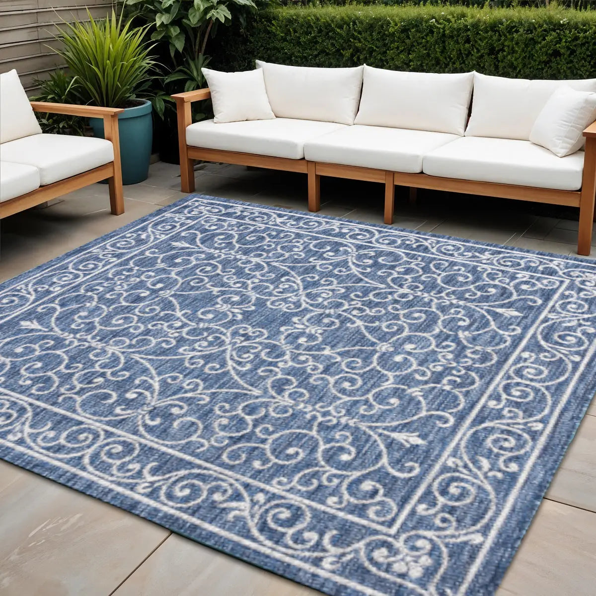 8' Navy Blue And Gray Square Medallion Indoor Outdoor Area Rug Homeroots Outdoor